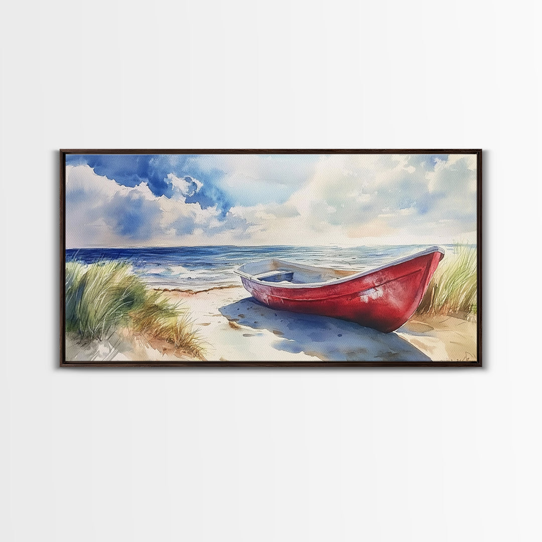 Coastal Decor - Painting of a Canoe On The beach Framed Canvas Print - Maine Painting - Maine Wall Art - Coastal Home Decor - Beach Art