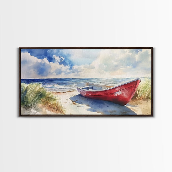 Coastal Decor - Painting of a Canoe On The beach Framed Canvas Print - Maine Painting - Maine Wall Art - Coastal Home Decor - Beach Art