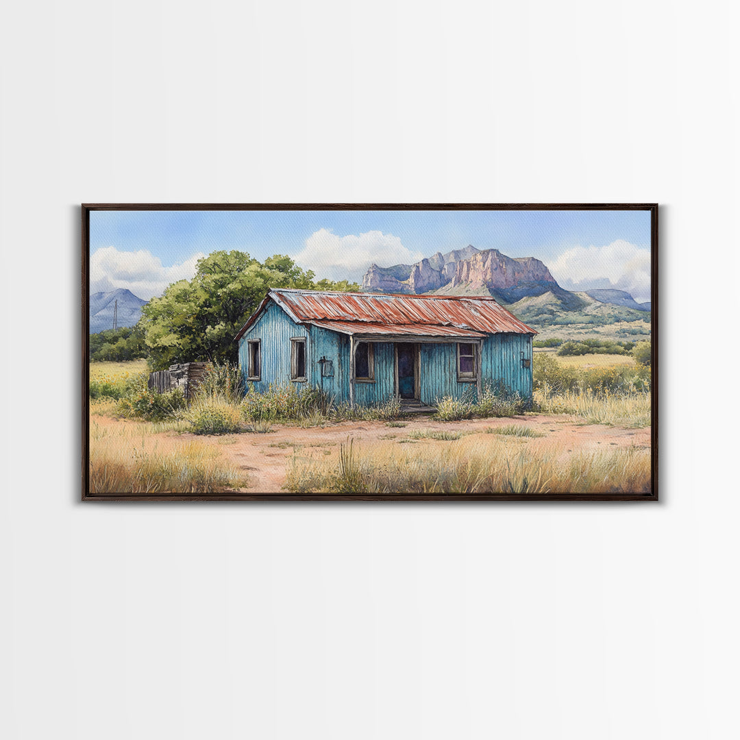 Abandoned Cabin In The Nevada Desert - Framed Canvas Print - Kitsch Wall Art - Desert Landscape Painting - Barn Oil Painting - Desert Art