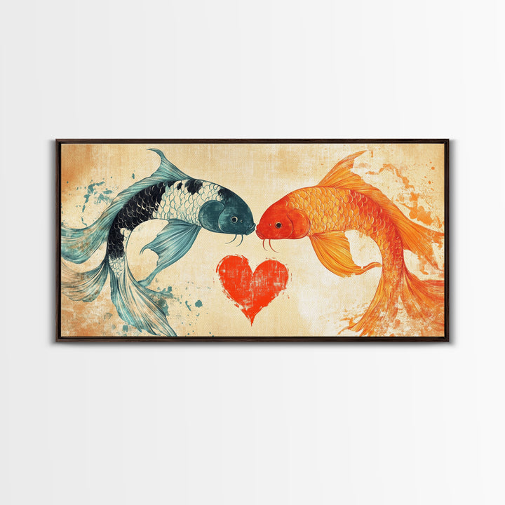 Cute Koi Fish Kissing - Couple Gift Idea - Framed Canvas Print - Valentine's Day Wall Art - Wall Art For Couples - Engagement Gift Idea