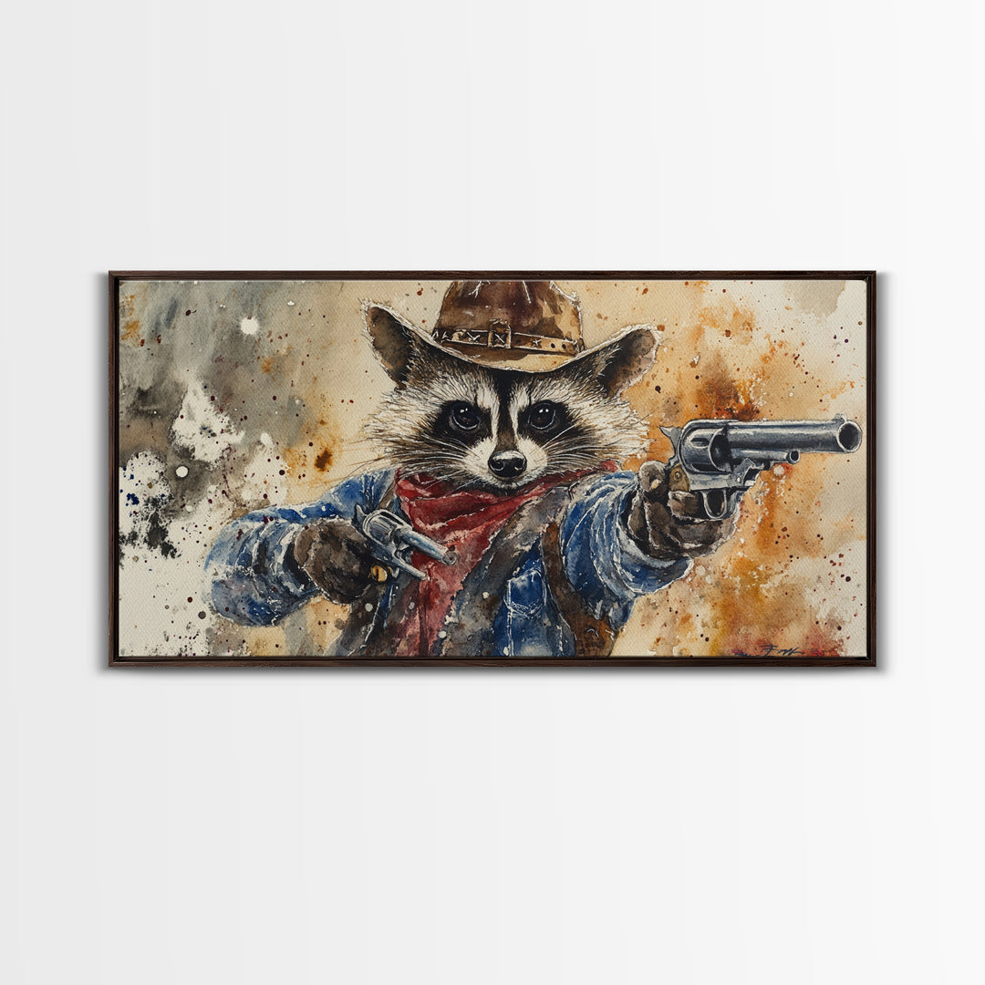 Rootin' Tootin' Cowboy Shootin' Wildwest Cowboy Raccoon Canvas Print - Racoon Painting - Cowboy Raccoon