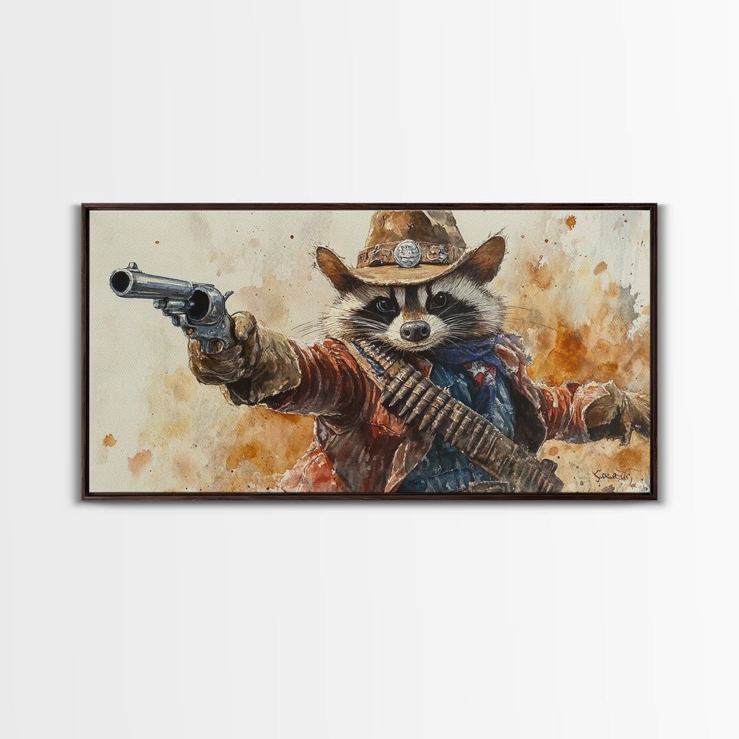 Rootin' Tootin' Cowboy Shootin' Wildwest Cowboy Raccoon Canvas Print - Racoon Painting - Cowboy Raccoon - Wild West Art