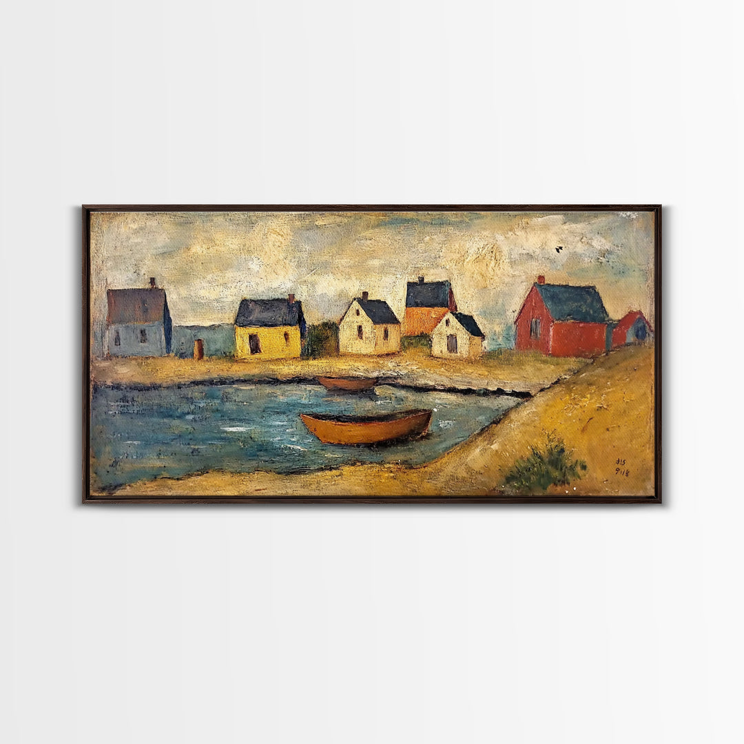 Nautical Landscape Canvas Print, 19th Century Folk Art Seascape Painting, Nautical Decor, Retro Minimalist Seaside Village Oil Painting