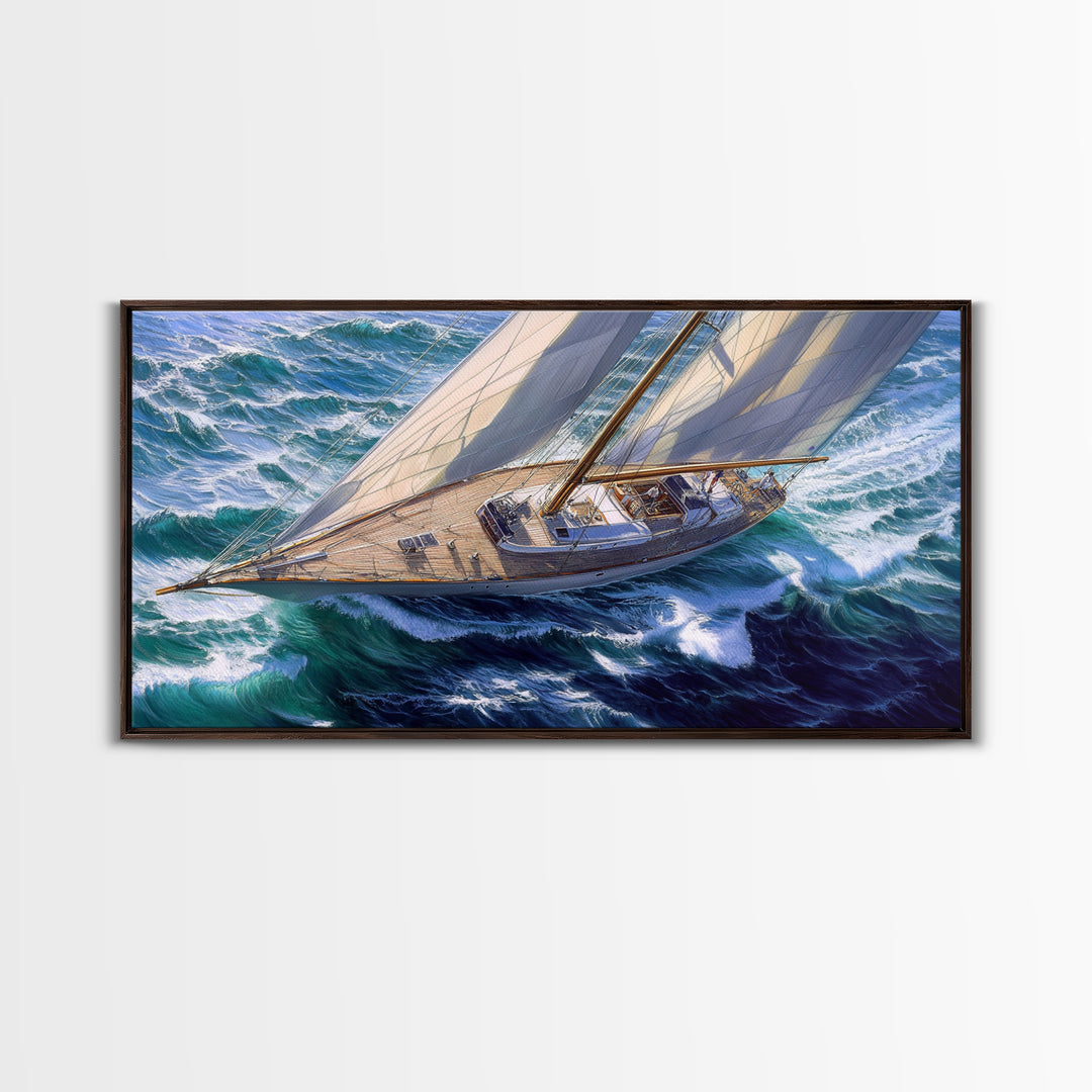 Bird's Eye View of a Retro Sailboat Painting Print, Sailboat Wall Art, Nautical Decor, Sailing Gift Idea, Sailing Wall Art