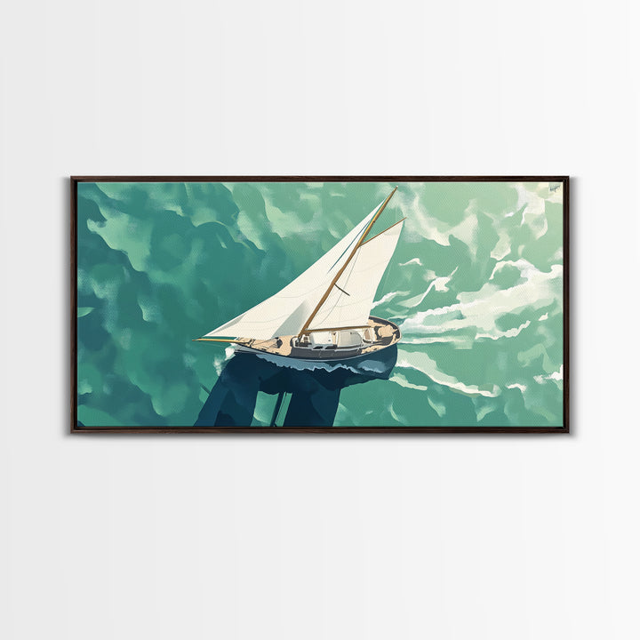 Bird's Eye View of a Sailboat Nautical Painting Print, Framed Canvas Art, Statement Piece, Nautical Centerpiece Wall Art