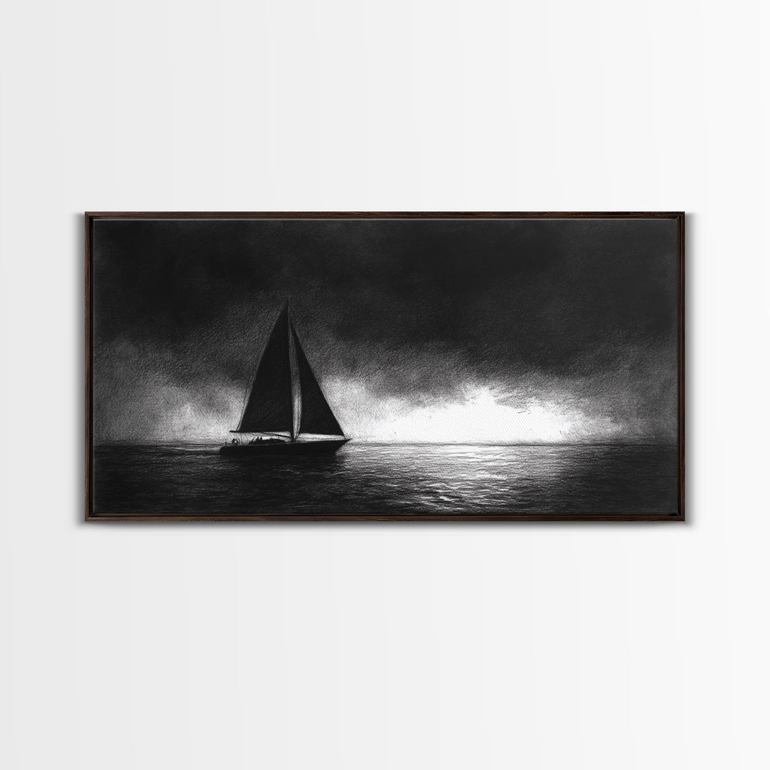 Black and White Sketch Print of a Sailboat In a Storm, Framed Canvas Print, Nautical Wall Art, Nautical Home Decor