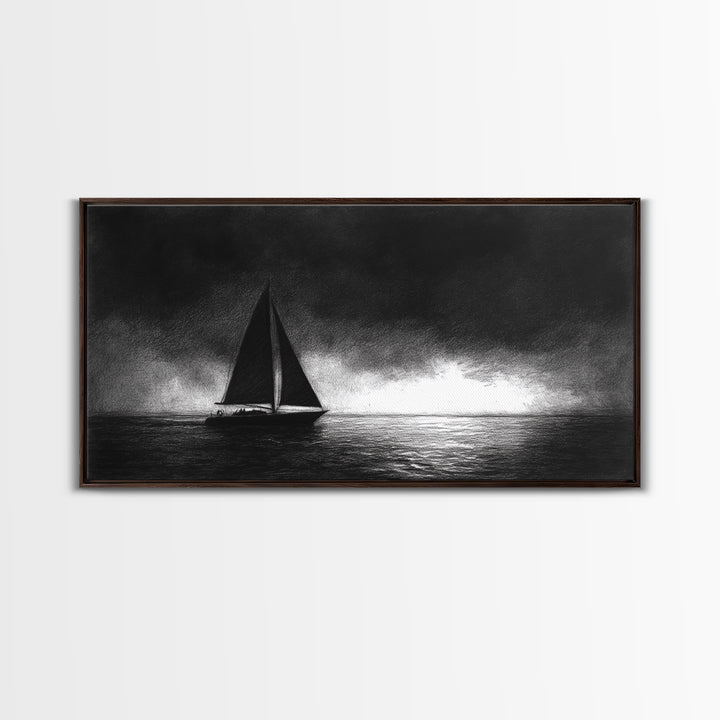 Black and White Sketch Print of a Sailboat In a Storm, Framed Canvas Print, Nautical Wall Art, Nautical Home Decor