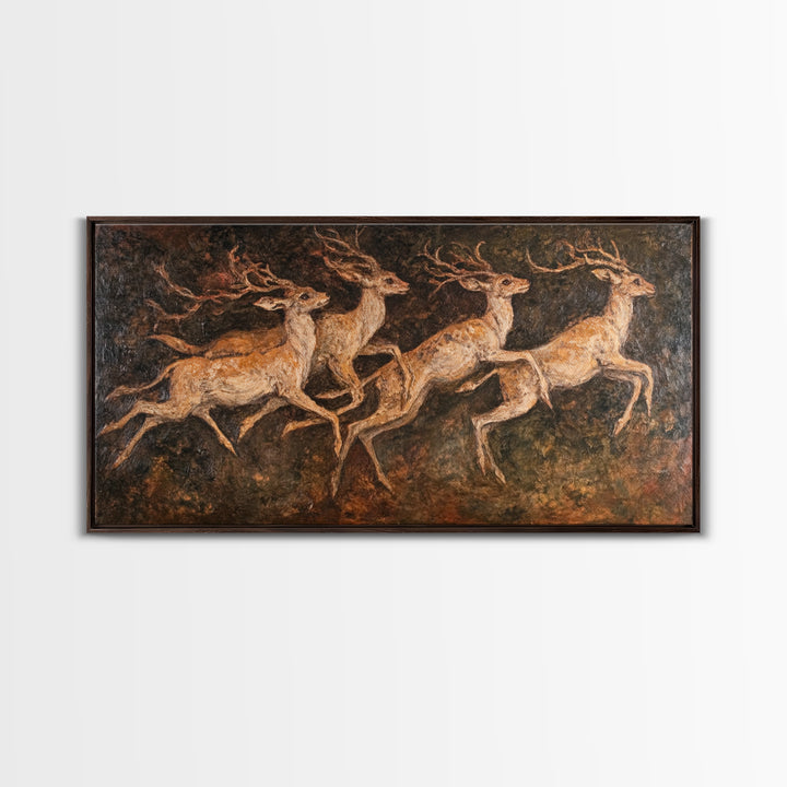 Deer In The Forest 19th Century Folk Art Style Canvas Print, Folk Art Oil Painting Print, Liminal Art, Abstract Painting Home Decor