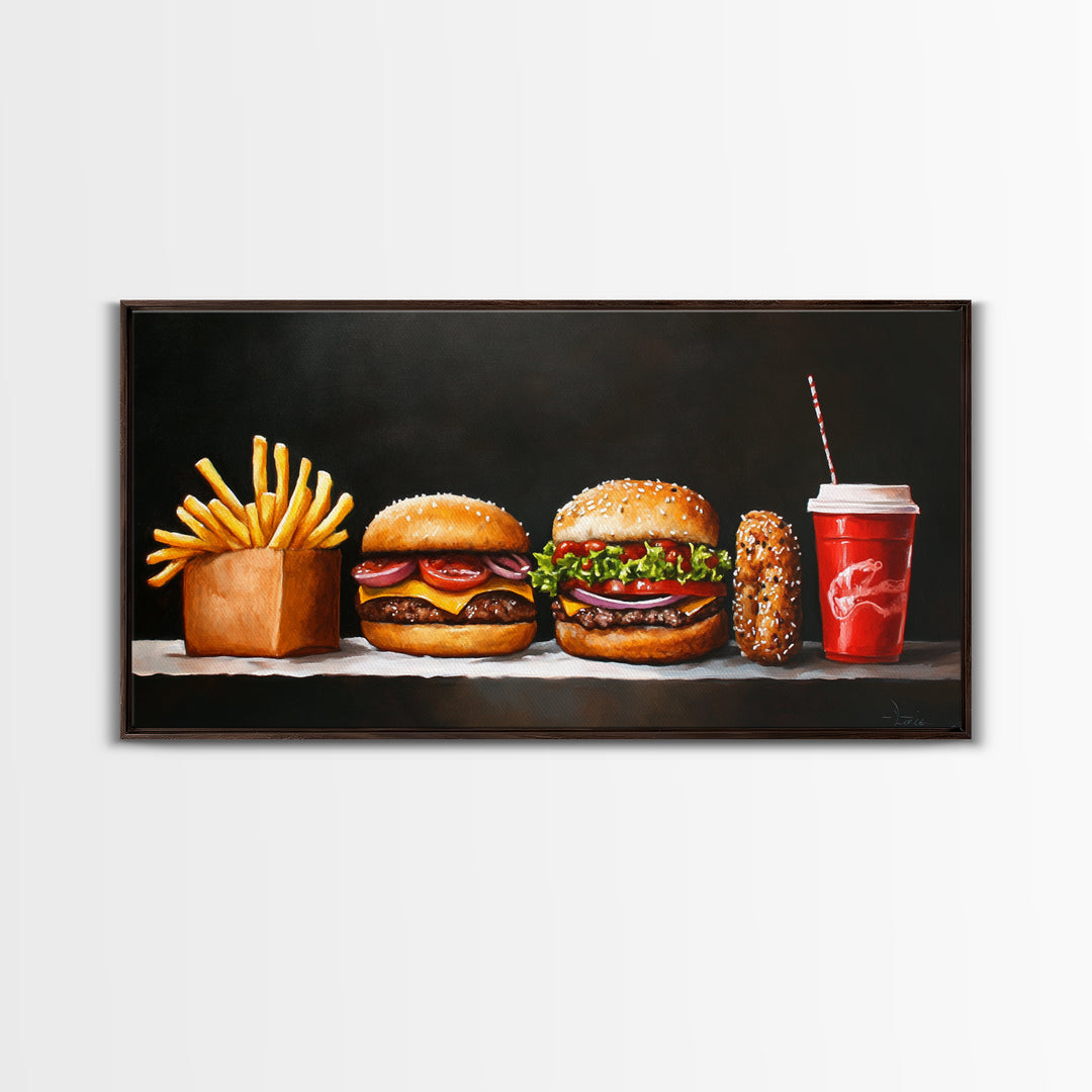 Burger and Fries Framed Canvas Print, Kitchen Canvas Art, Kitchen Wall Art, Burger Painting, Burger Art, Dining Room Wall Art