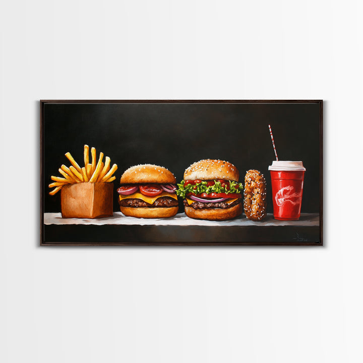 Burger and Fries Framed Canvas Print, Kitchen Canvas Art, Kitchen Wall Art, Burger Painting, Burger Art, Dining Room Wall Art