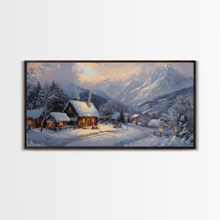 Christmas Mountain Village Oil Painting Print, Framed Canvas, Retro Christmas, Christmas Mountain Landscape Painting, Christmas Art