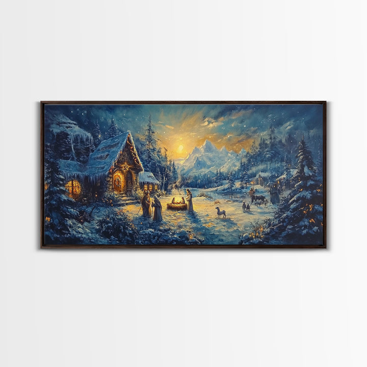 Christmas Nativity Oil Painting Print, Christmas Wall Art, Framed Christmas Canvas Art, Christmas Home Decor, Seasonal Wall Art