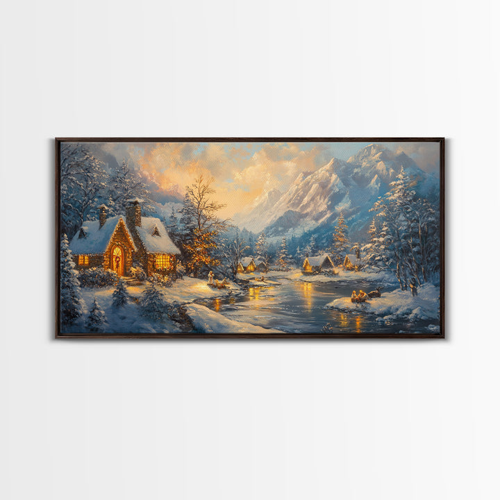 Christmas On The Lake, Christmas Canvas Print, Cabin Decor, Cabin Wall Art, Lake House Wall Art, Christmas home Decor, Christmas Village