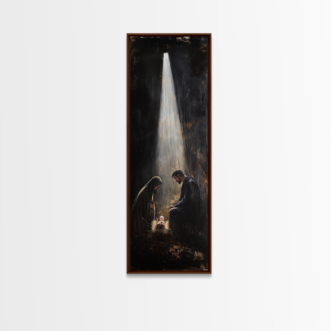 Tall Skinny Nativity Painting Canvas Print, Christmas Wall Art, Christmas Decor, Nativity Oil Painting, Jesues In His Manger