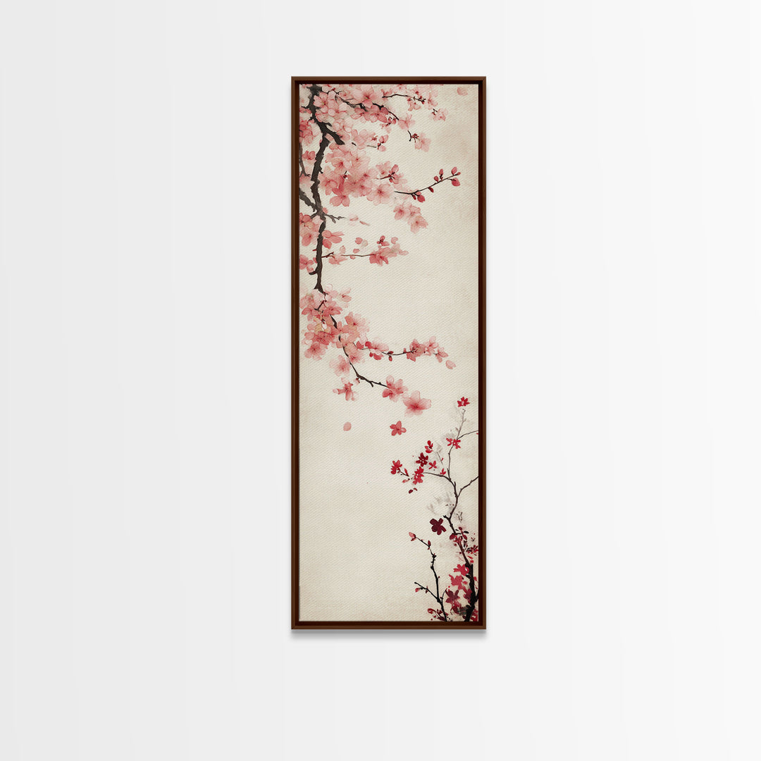 Cherry Blossom Branch Framed Canvas Print Tall Skinny Art Floral Japanese Decor, Cherry Blossom Painting, Minimalist Botanical Wall Art, Above Sofa Art