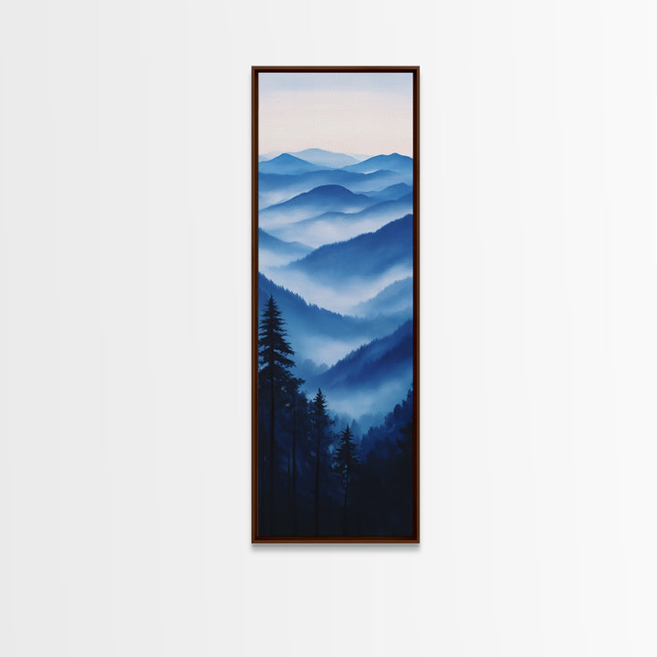Blue Misty Mountains Framed Canvas Print Calming Nature Landscape Art, Smoky Mountain Art, Blue and Green Wall Art, Minimalist Decor, Bedroom Art