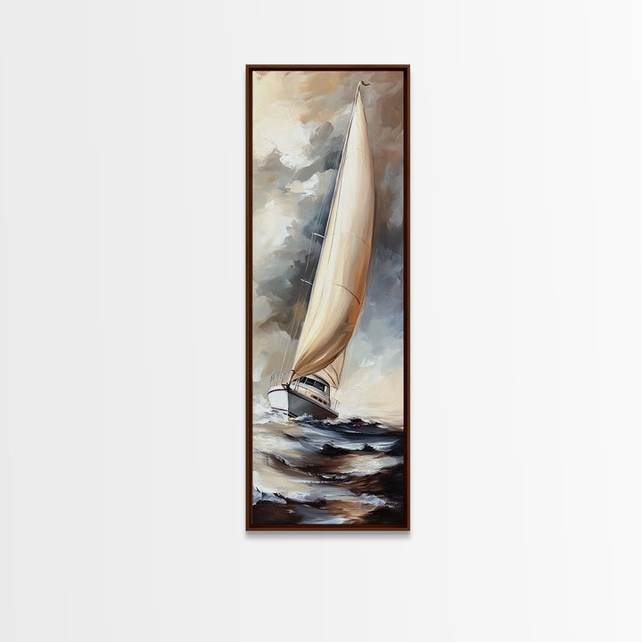Sailboat painting nautical decor framed canvas print, classic coastal wall art, sailing scene with ocean waves, above bed living room art
