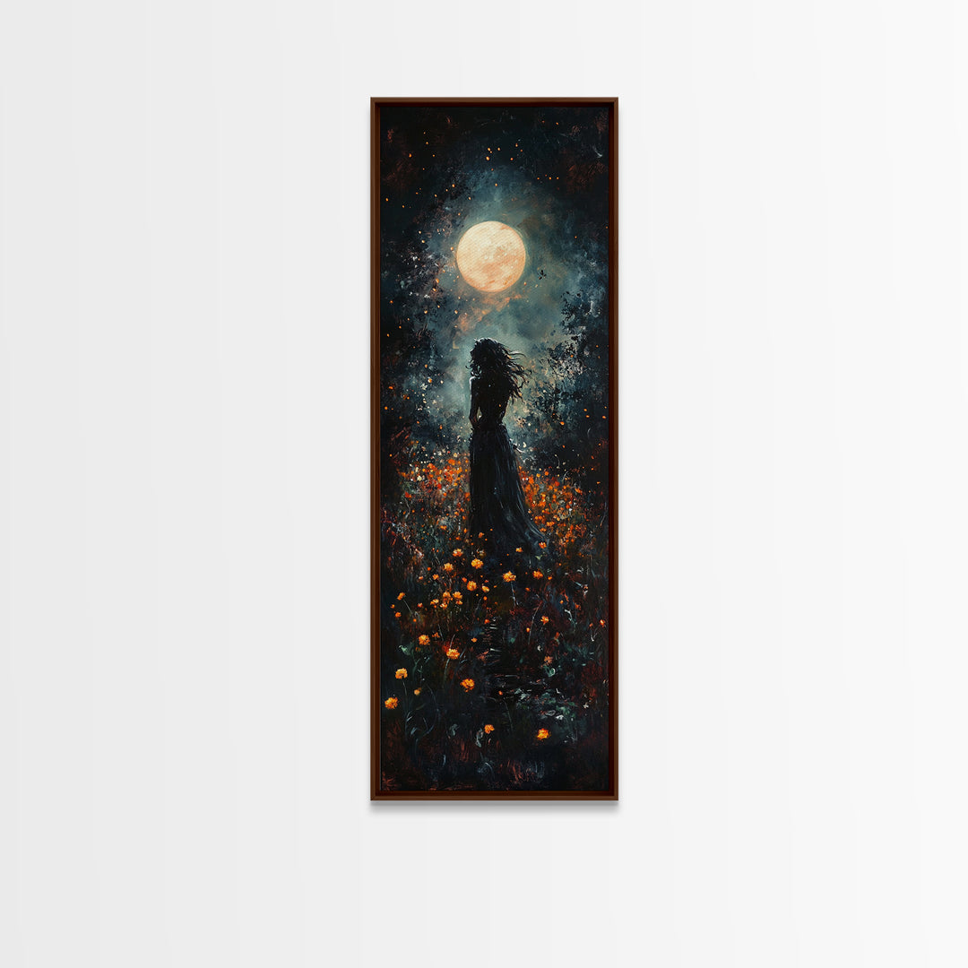 Moonlight silhouette painting mysterious framed canvas print, dark romance art, moonlit field wall decor, spiritual night scene art