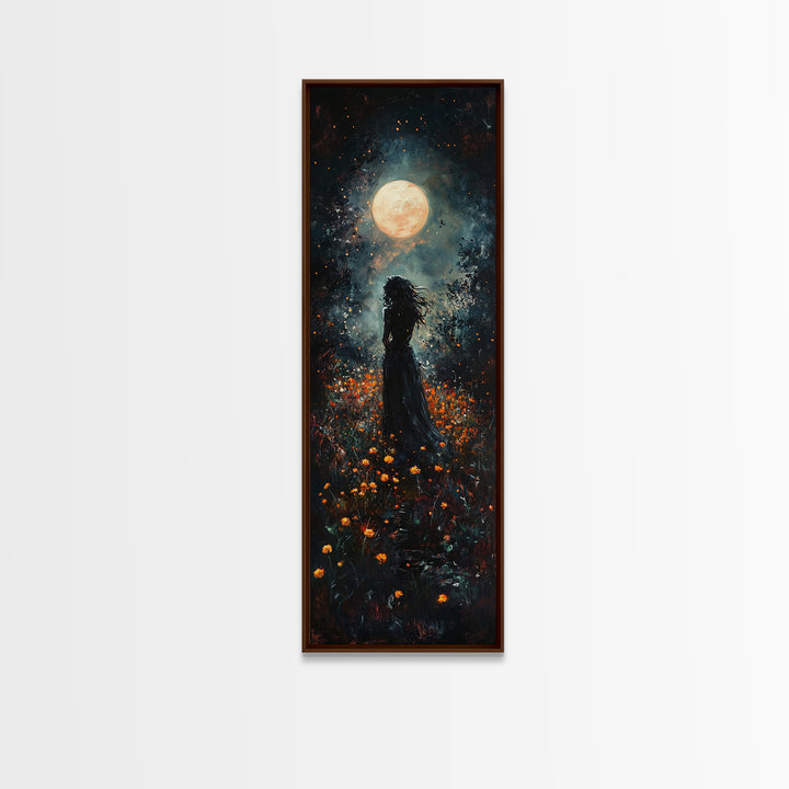 Moonlight silhouette painting mysterious framed canvas print, dark romance art, moonlit field wall decor, spiritual night scene art