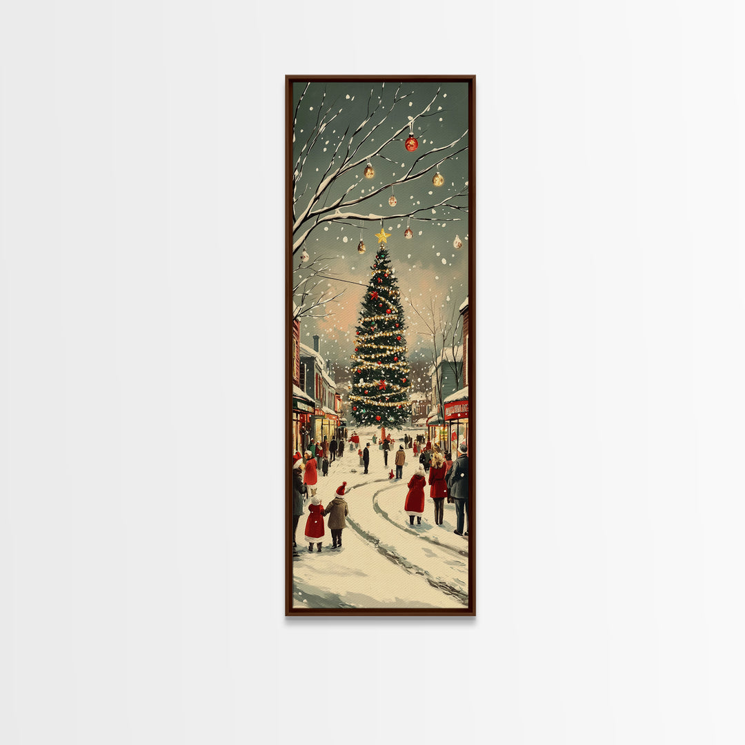 Christmas tree town square painting festive holiday decor framed canvas print, classic winter village, nostalgic seasonal wall art
