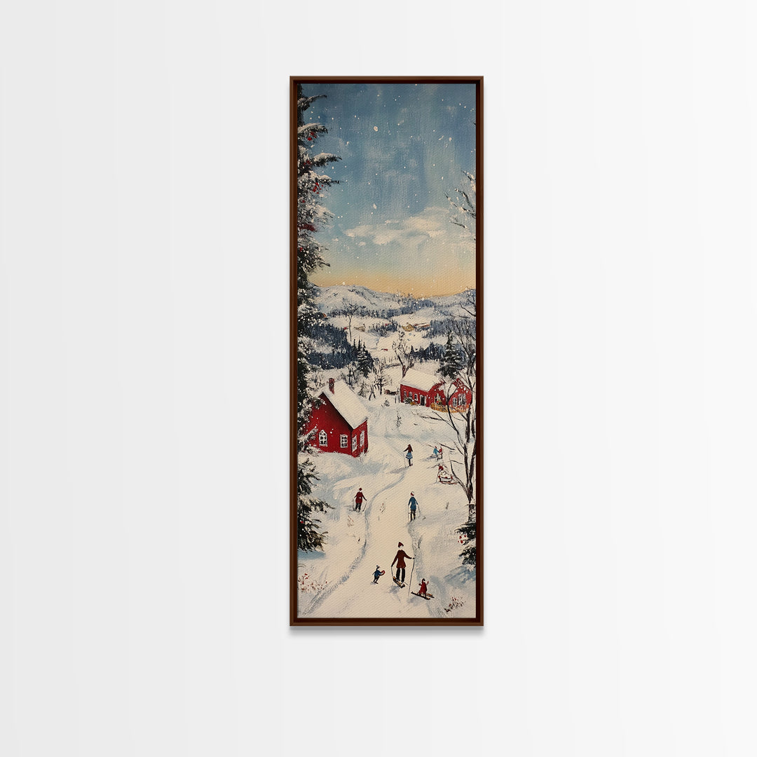 Snowy village painting peaceful Christmas scene framed canvas print, winter wonderland town, cozy holiday decor wall art gift idea