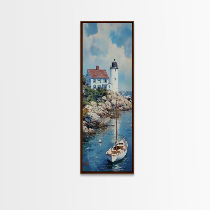 Canvas Print Lighthouse with Sailboat Art Nautical Decor Coastal Wall Art Cottagecore Maine Seascape Wall Art