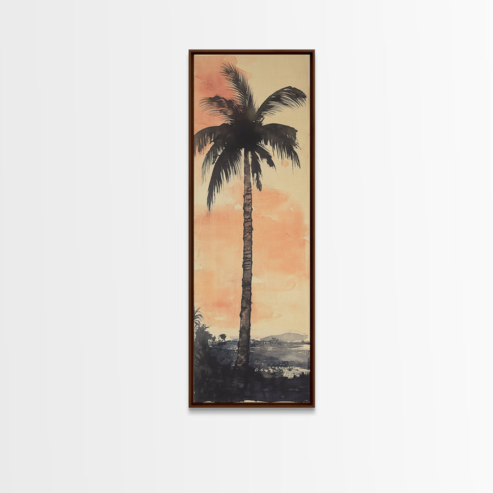 Framed Canvas Print Moody Palm Tree Painting Sunset Coastal Wall Art, Rustic Decor, Tropical Living Room Above Sofa Art, Bedroom Art Print