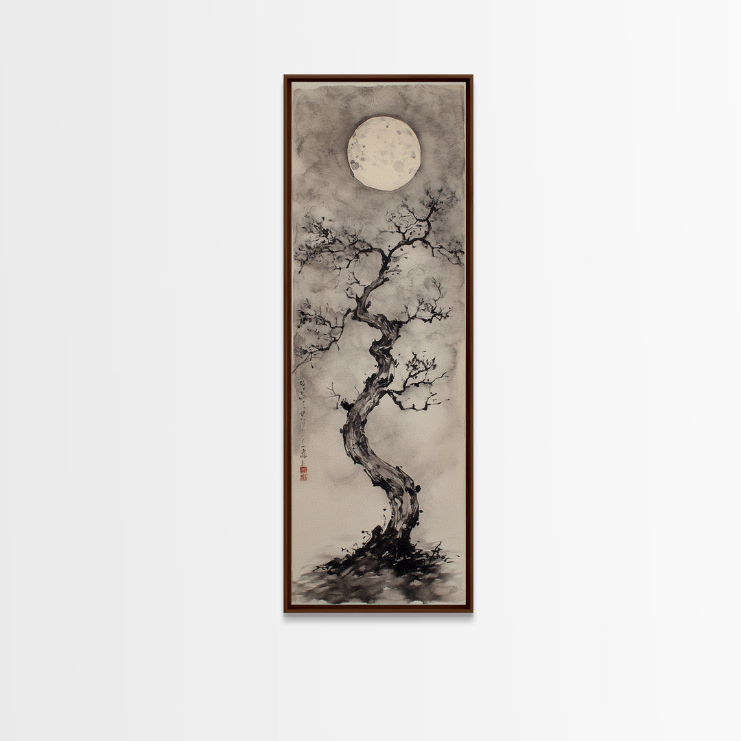 Canvas Print Moon and Tree Painting, Mystical Wabi Sabi Wall Art, Japanese-Inspired Rustic Decor, Above Bed Wall Art Gift Him