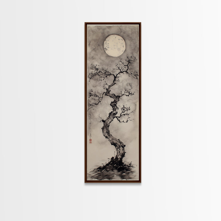 Canvas Print Moon and Tree Painting, Mystical Wabi Sabi Wall Art, Japanese-Inspired Rustic Decor, Above Bed Wall Art Gift Him