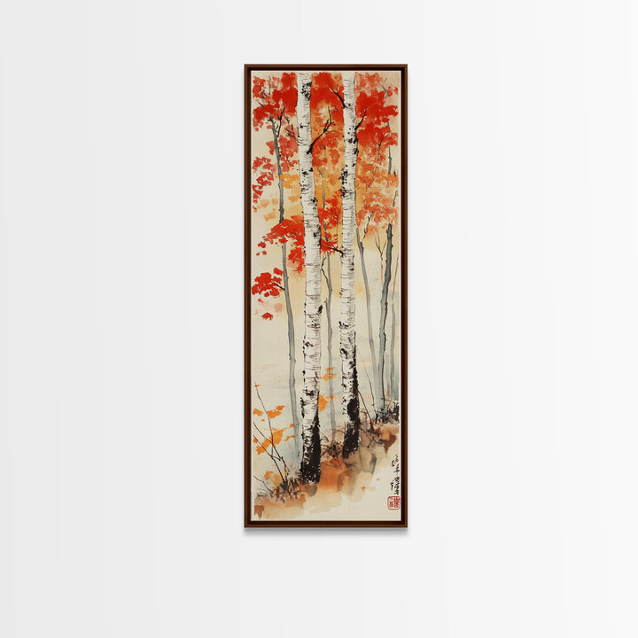 Canvas Print Japanese Birch Trees in Autumn, Traditional Wabi Sabi Art, Rustic Decor Above Bed Wall Art, Cozy Fall Living Room Decor