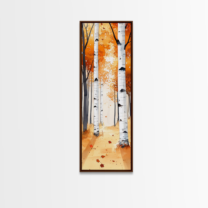 Autumn Birch Trees Framed Canvas Print – Rustic Decor, Tall Narrow Art, Cozy Fall Vibes, Birch Tree Art, Living Room Art, Above Bed Wall Art