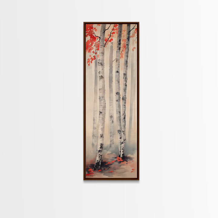 Birch Trees and Red Leaves Framed Canvas Print – Fall Vibes, Rustic Wall Art, Birch Tree Art, Cozy Autumn Theme, Living Room Art, Above Couch Decor