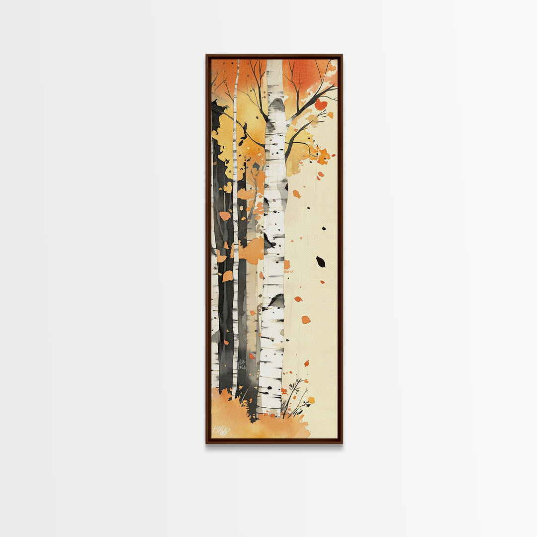 Autumn Forest Path Framed Canvas Print – Cozy Fall Art, Rustic Wall Art, Birch Tree Painting, Skinny Wall Art, Bedroom Wall Art, Autumn Decor