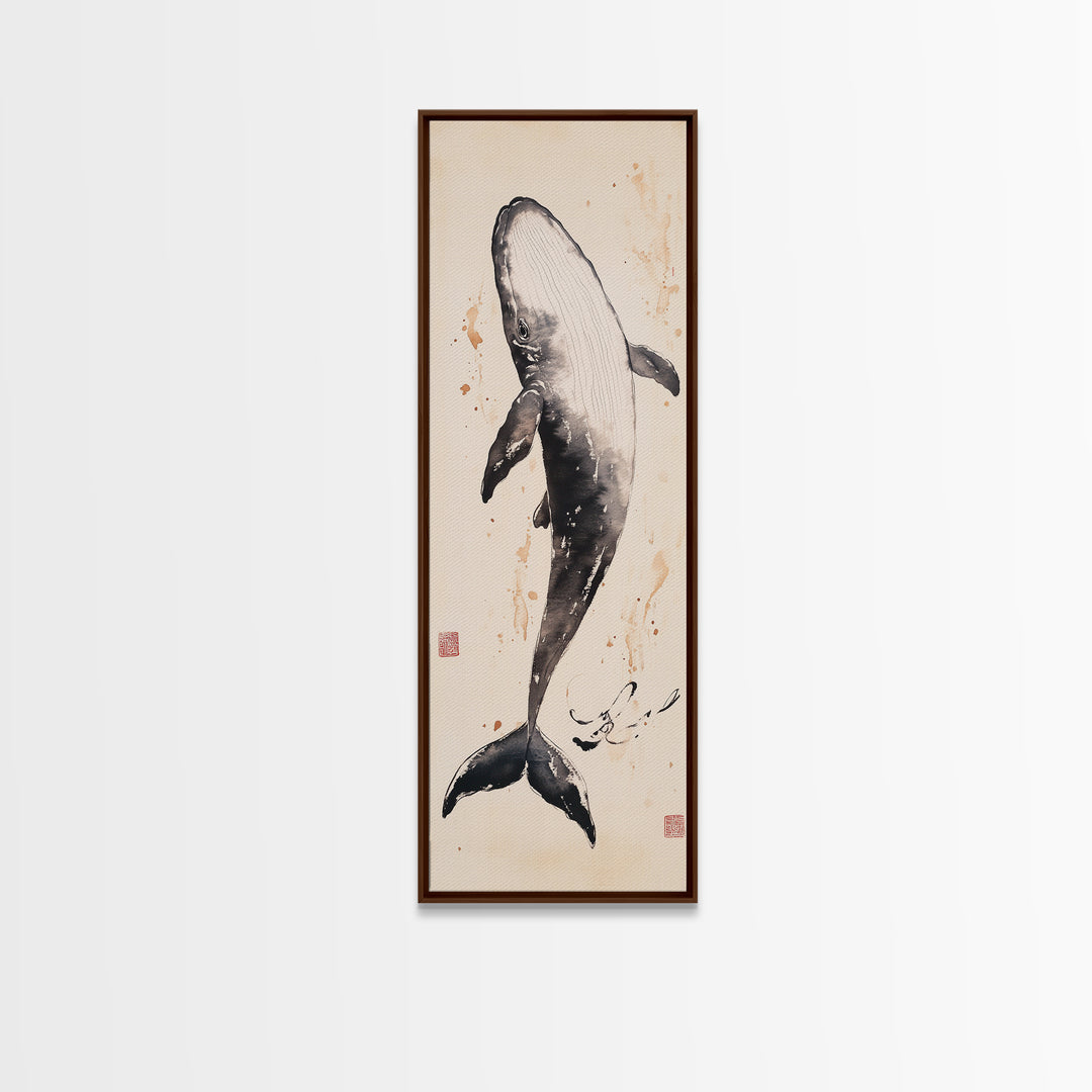 Minimalist Whale Ink Art Depicting Graceful Humpback Whale – Elegant Black and White Framed Canvas Print for Nautical or Coastal Decor