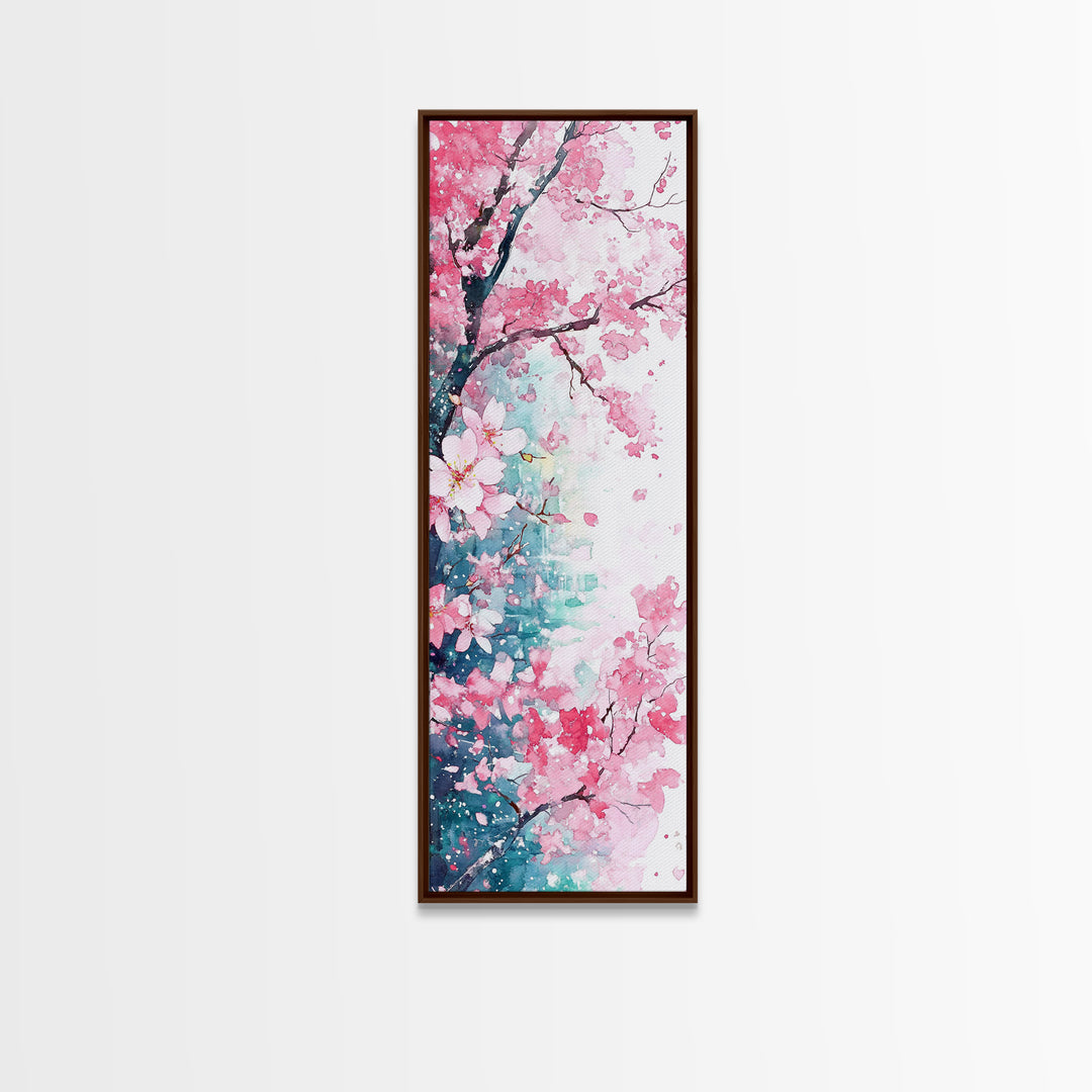 Blooming Pink Sakura Flowers Art - Framed Canvas Print for Japanese Decor, Cherry Blossom Art, Botanical Wall Decor, Pink Floral Painting