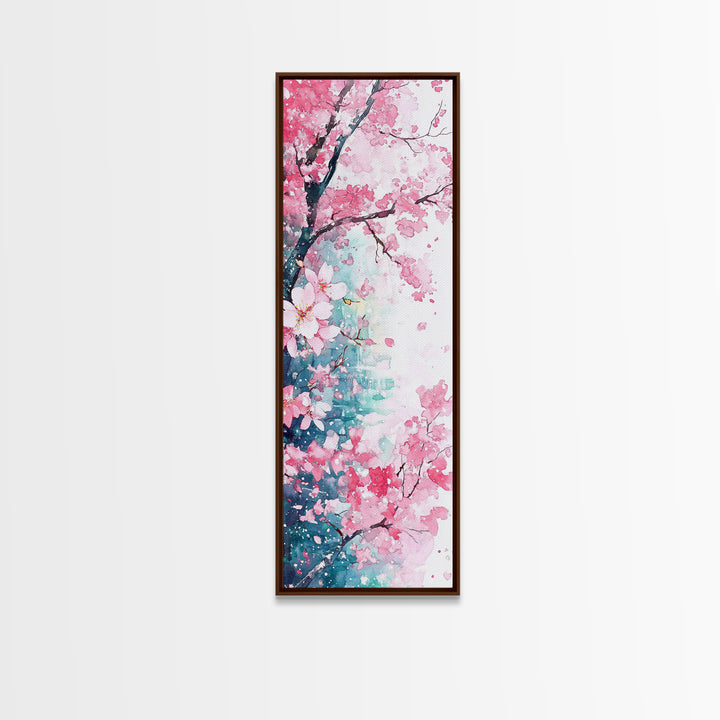 Blooming Pink Sakura Flowers Art - Framed Canvas Print for Japanese Decor, Cherry Blossom Art, Botanical Wall Decor, Pink Floral Painting