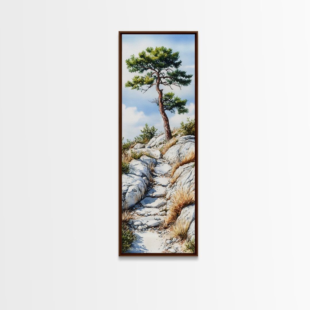 Rocky Mountain Pine Tree Painting - Framed Canvas Print Highlighting Serene Alpine Path for Rustic Wall Decor