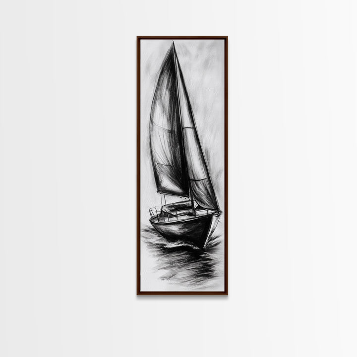 Charcoal Sketch of a Sailboat, Framed Canvas Print, Nautical Decorl Nautical Wall Art, Sailboat Painting, Sail Boat Art, Tall Skinny Wall Art
