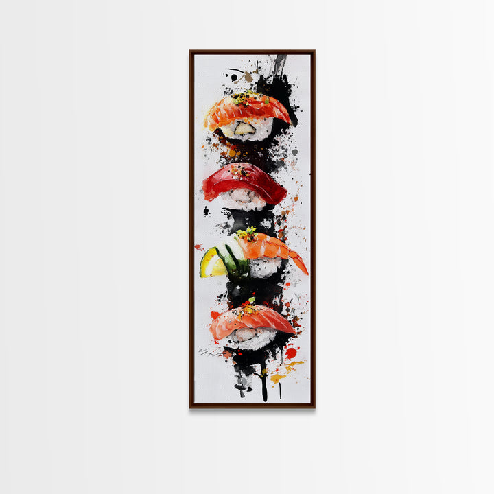 Abstract Art For Kitchen - Framed Canvas Print - Sushi Painting - Sushi Art - Kitsch Kitchen Wall Art - Tall Skinny Art - Narrow Wall Art - Kitchen Decor