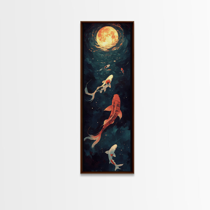 Koi Fish Under a Full Moon, Framed Canvas Print, Wabi Sabi Home Decor, Funky Boho Wall Art, Tall Skinny Art, Narrow Tall Wall Art