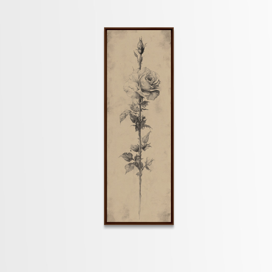 Black and White Sketch of a Rose, Framed Canvas Print, Narrow Art, Tall Skinny Art, Flower Painting, Paint of a Rose, Floral Prints