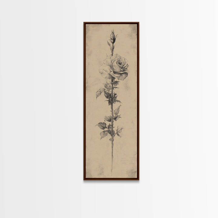 Black and White Sketch of a Rose, Framed Canvas Print, Narrow Art, Tall Skinny Art, Flower Painting, Paint of a Rose, Floral Prints