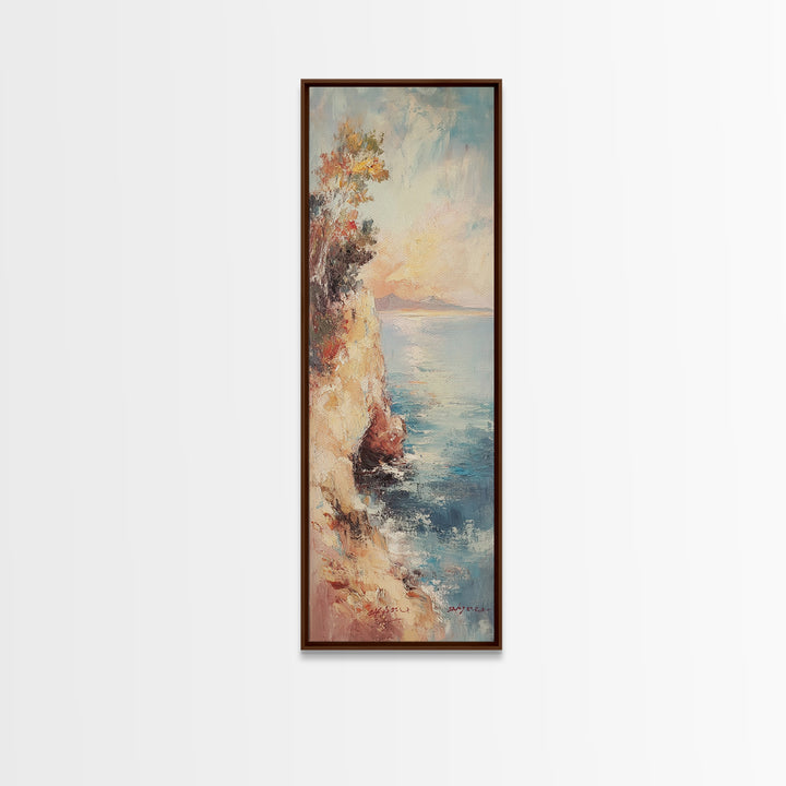 Nautical Landscape Painting Print, Framed Canvas, Beautiful Sunset Over The Coast, Coastal Decor, Tall Narrow Art, Skinny Wall Art