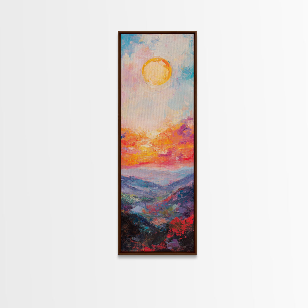 Abstract Oil Painting Print of a Sunset Over The mountains - framed canvas - ready to hang - tall narrow wall art - skinny accent piece wall art