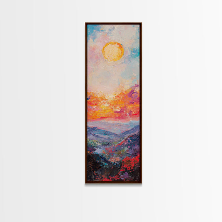 Abstract Oil Painting Print of a Sunset Over The mountains - framed canvas - ready to hang - tall narrow wall art - skinny accent piece wall art