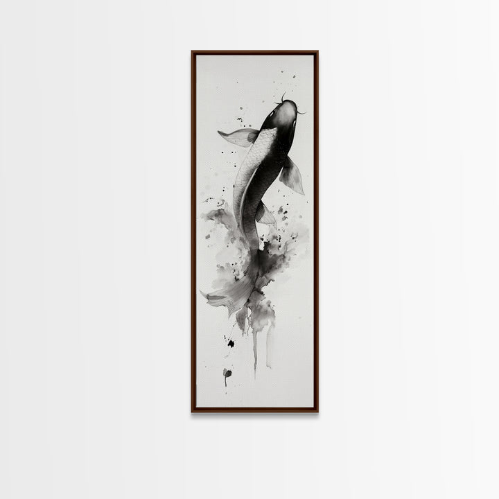 Tall Skinny Koi Fish Painting Print, Black and White Wabi Sabi Wall Art, Koi Fish Wall Decor, Japanese Style Elegant Artwork, Narrow Wall Art