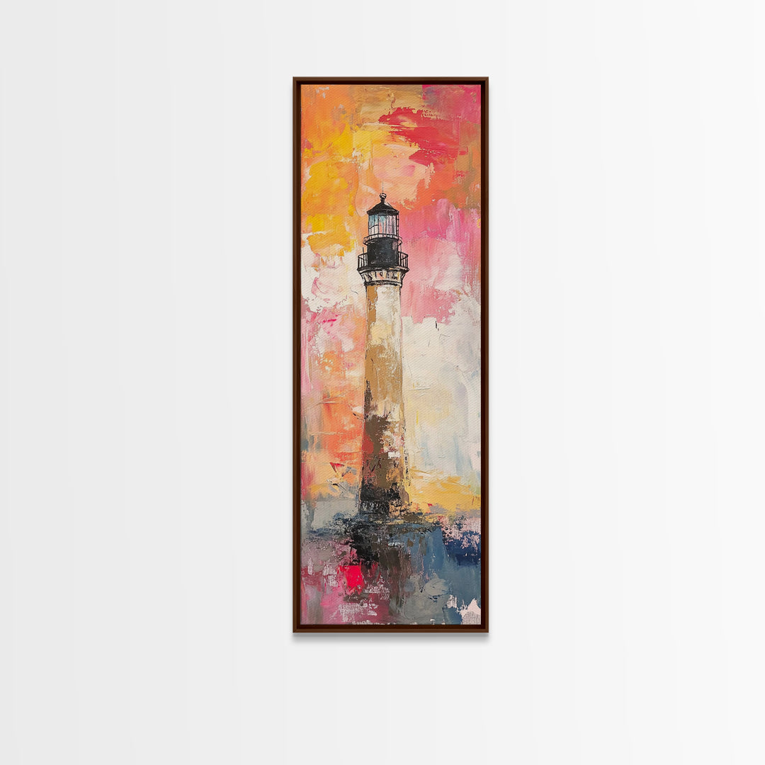Canvas Print of Vibrant Lighthouse Painting with Nautical Decor, Coastal Wall Art, Bright Sunset, Above Couch Art, Tall Skinny Art, Seascape Painting, Gift Idea