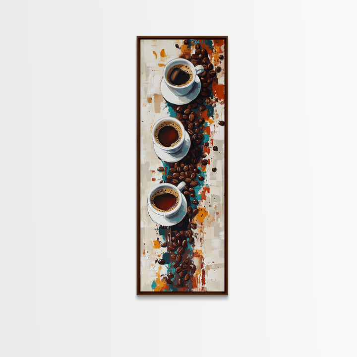 Espresso Cups Vertical Framed Canvas Print Coffee Wall Art Kitchen Long Narrow Rustic Farmhouse Art Living Room Decor