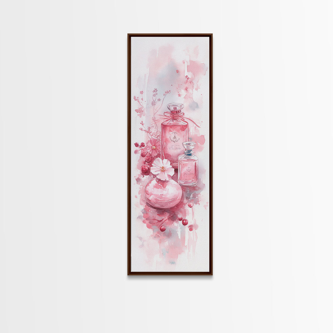 Elegant Perfume Bottles Framed Canvas Print Pink Abstract Art Wabi Sabi Decor Light Pink Bedroom Artwork Feminine Minimalist Wall Art