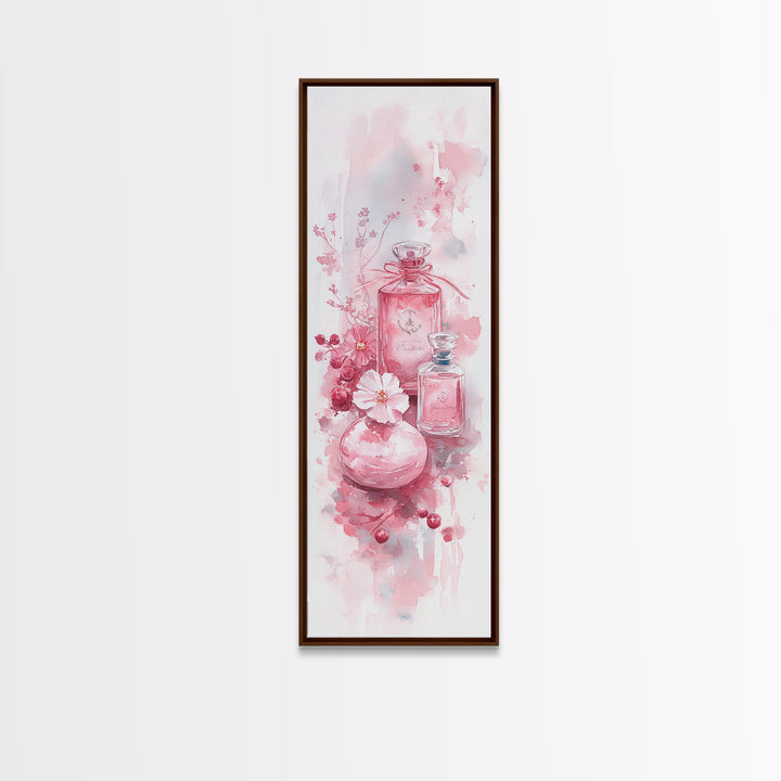 Elegant Perfume Bottles Framed Canvas Print Pink Abstract Art Wabi Sabi Decor Light Pink Bedroom Artwork Feminine Minimalist Wall Art